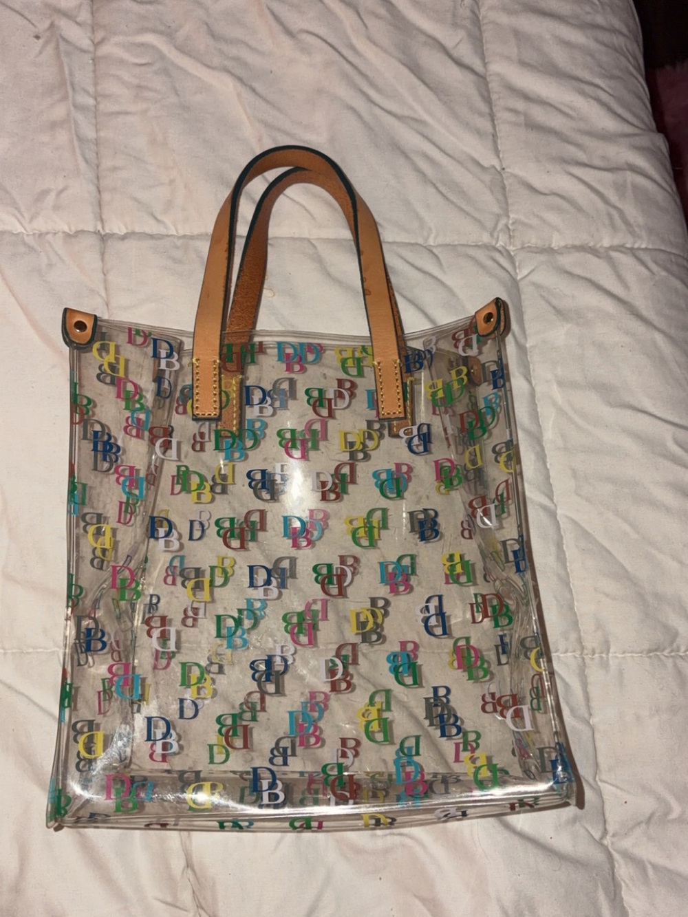 Dooney & Bourke Multicolor DB Logo Clear Tote with Tan Handles